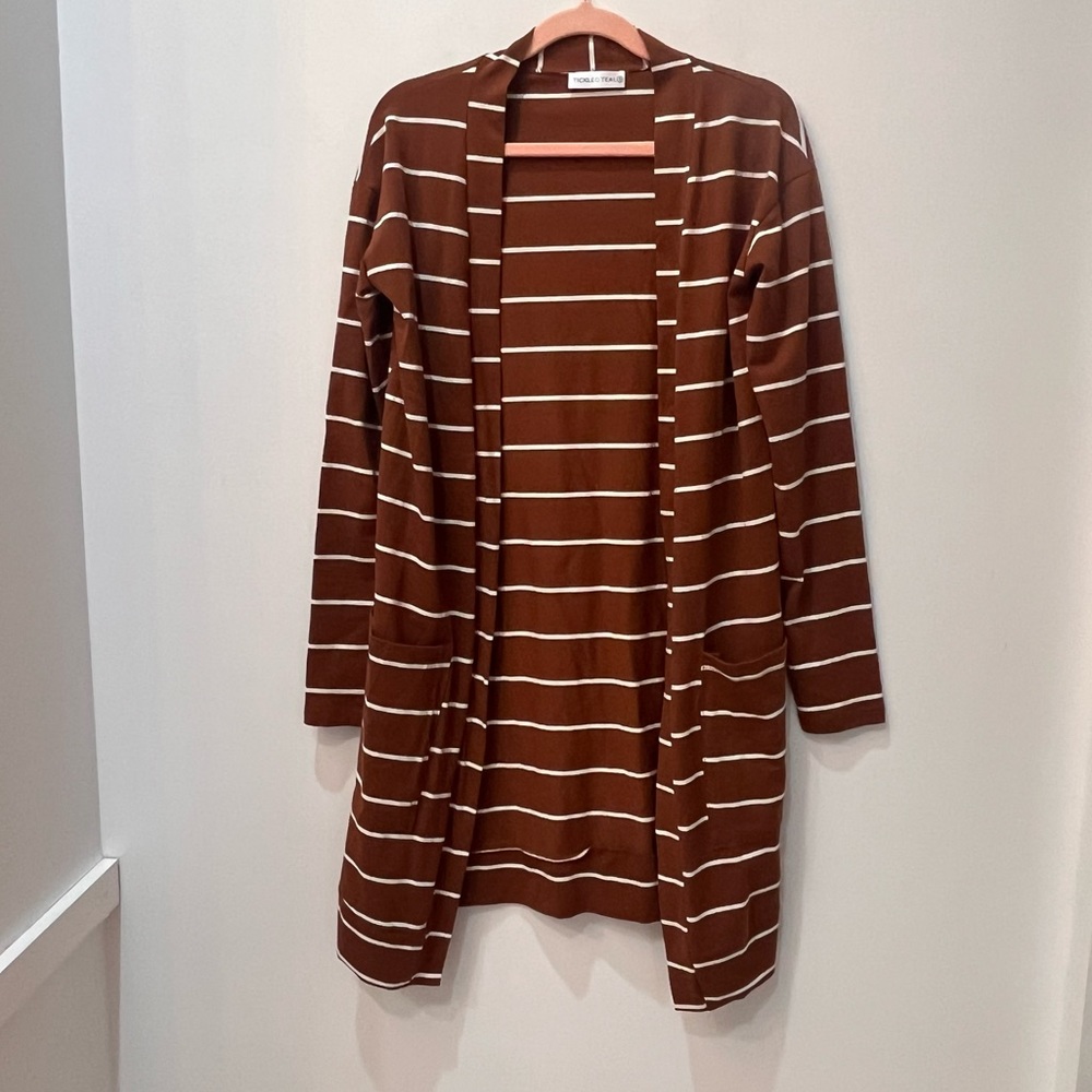 Tickled Teal boutique brown white stripe cardigan duster size small